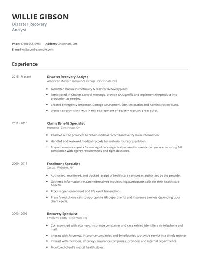 Disaster Recovery Analyst Resume