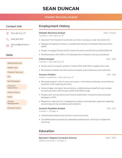 Disaster Recovery Analyst Resume