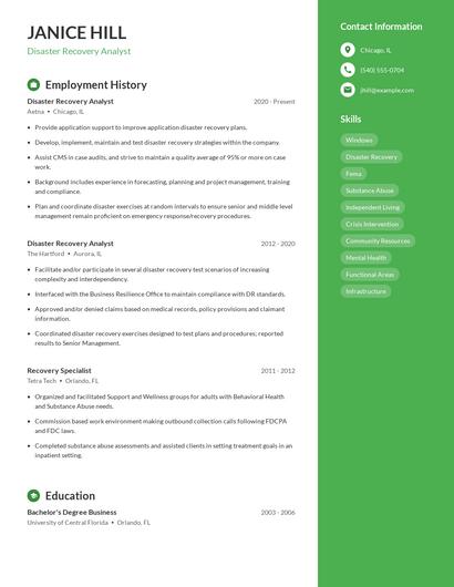 Disaster Recovery Analyst Resume