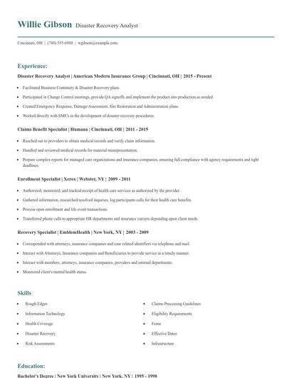 Disaster Recovery Analyst Resume