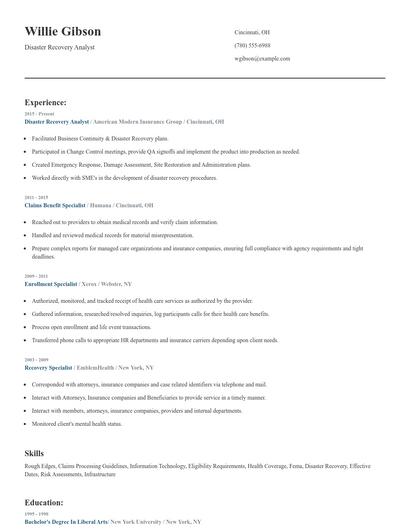 Disaster Recovery Analyst Resume