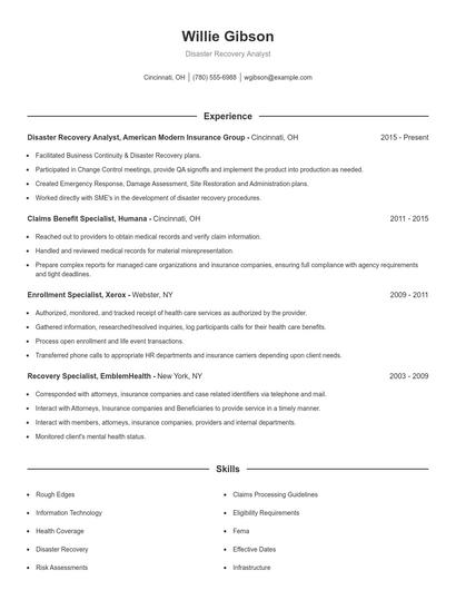 Disaster Recovery Analyst Resume