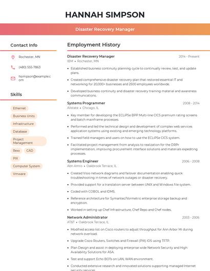 Disaster Recovery Manager Resume