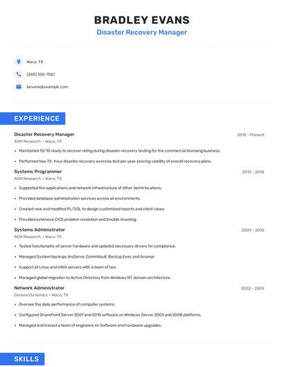 Disaster Recovery Manager Resume
