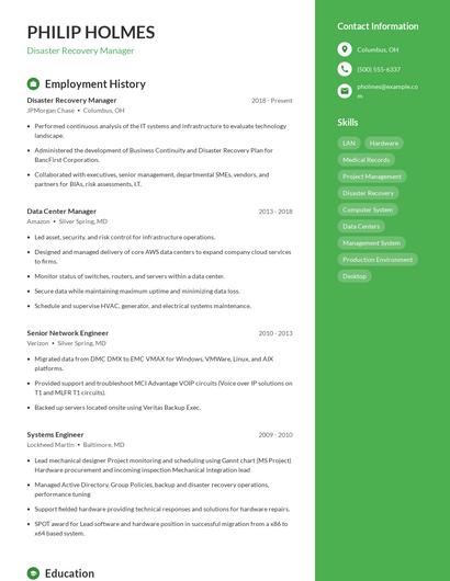 Disaster Recovery Manager Resume