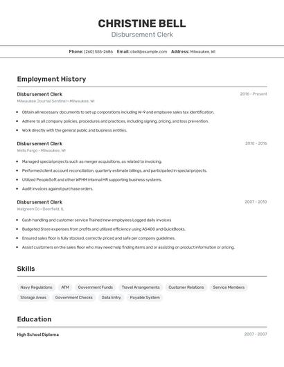 Disbursement Clerk Resume