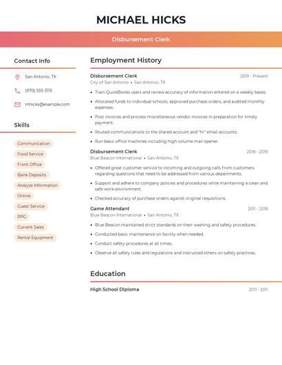 Disbursement Clerk Resume