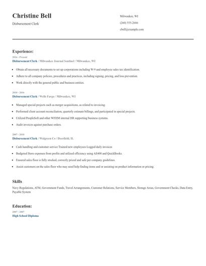 Disbursement Clerk Resume