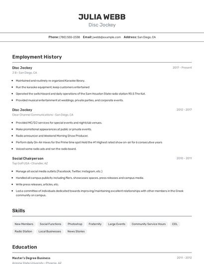 Disc Jockey Resume