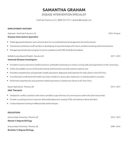 Disease Intervention Specialist Resume