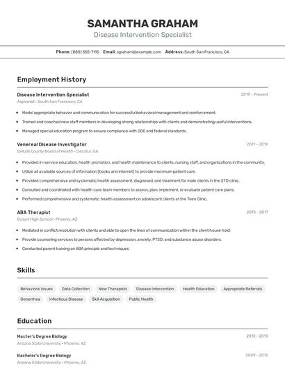 Disease Intervention Specialist Resume