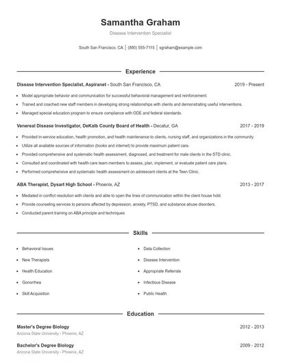 Disease Intervention Specialist Resume