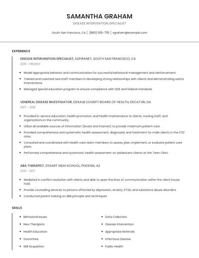 Disease Intervention Specialist Resume