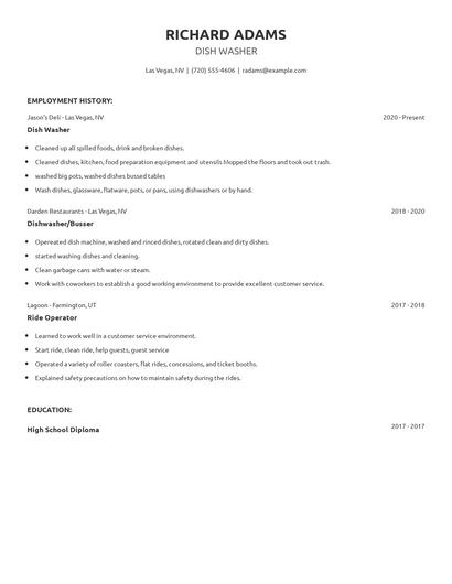 Dish Washer Resume