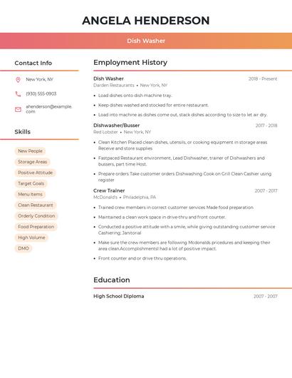 Dish Washer Resume