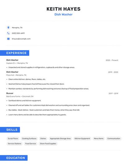 Dish Washer Resume