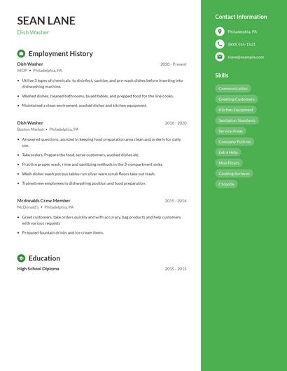 Dish Washer Resume