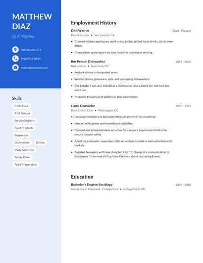 Dish Washer Resume