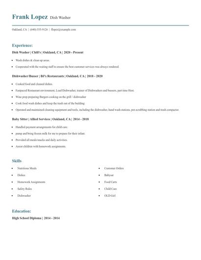 Dish Washer Resume