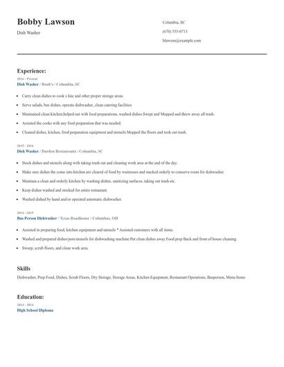 Dish Washer Resume