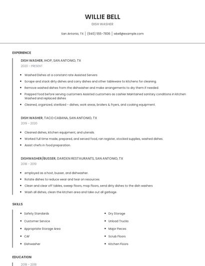 Dish Washer Resume