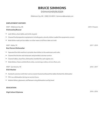 Dishwasher/Busser Resume