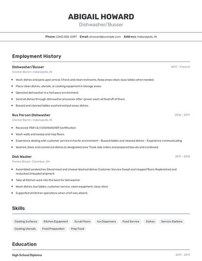 Dishwasher/Busser Resume