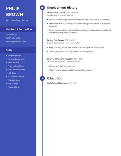 Dishwasher/Server Resume