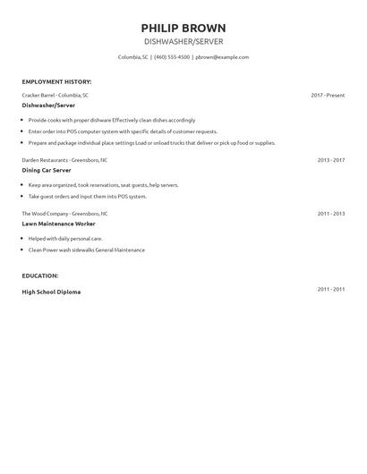 Dishwasher/Server Resume