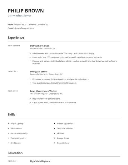 Dishwasher/Server Resume