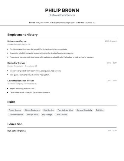 Dishwasher/Server Resume