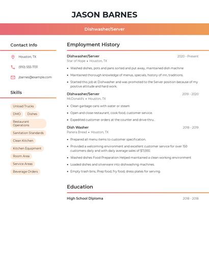 Dishwasher/Server Resume