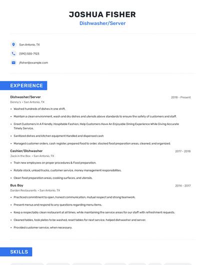 Dishwasher/Server Resume