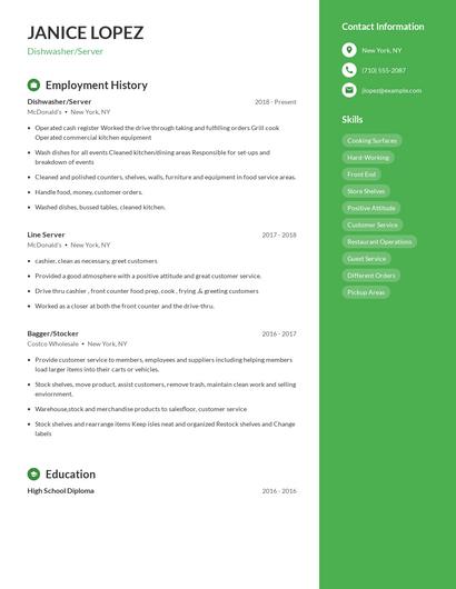 Dishwasher/Server Resume