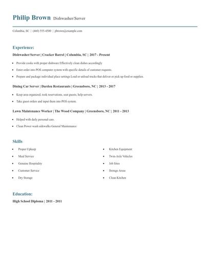 Dishwasher/Server Resume