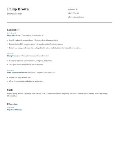 Dishwasher/Server Resume