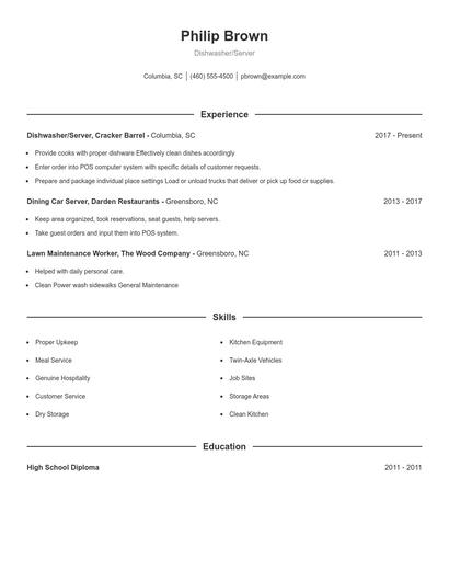 Dishwasher/Server Resume