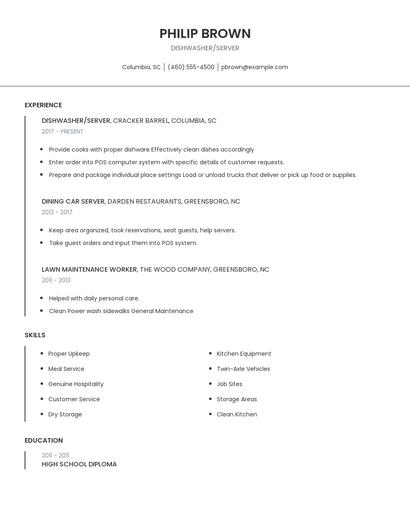 Dishwasher/Server Resume