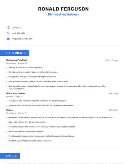 Dishwasher/Waitress Resume