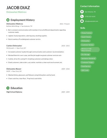 Dishwasher/Waitress Resume