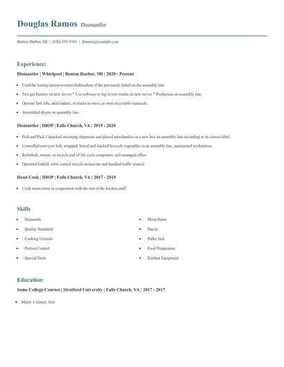 Dismantler Resume