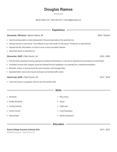Dismantler Resume