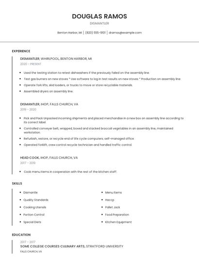 Dismantler Resume