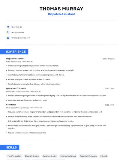 Dispatch Assistant Resume