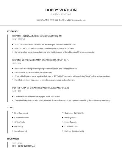 Dispatch Assistant Resume