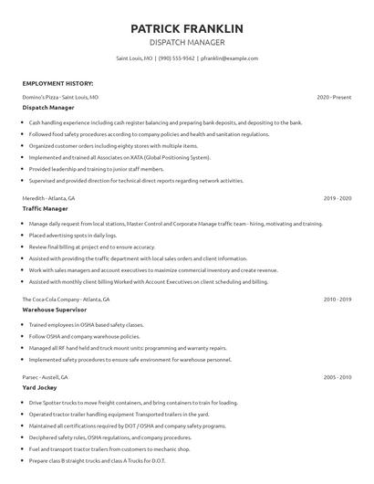 Dispatch Manager Resume