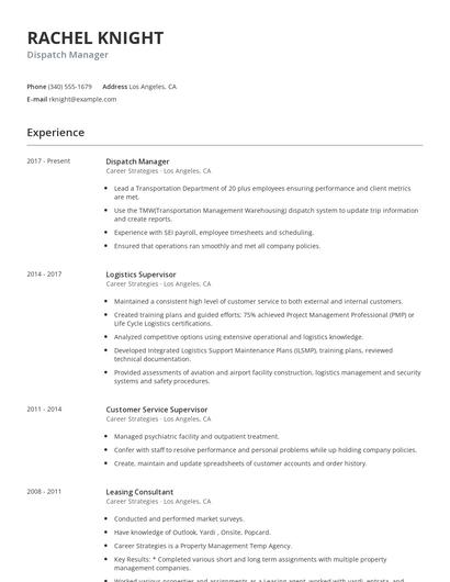 Dispatch Manager Resume