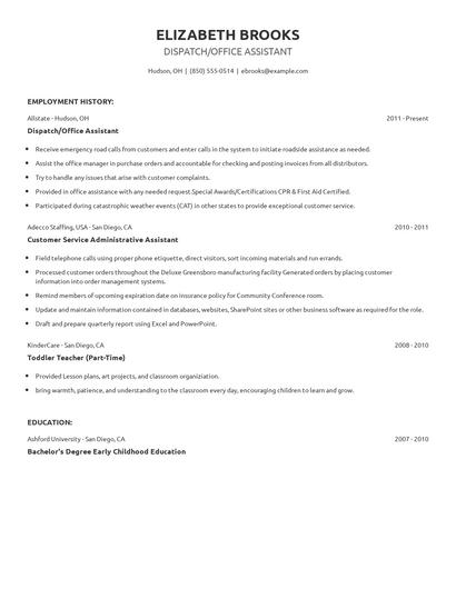 Dispatch/Office Assistant Resume