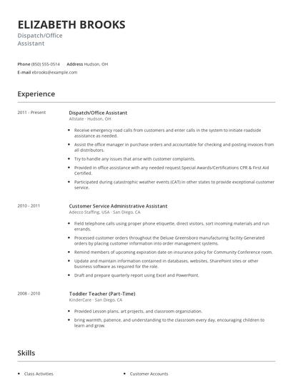 Dispatch/Office Assistant Resume