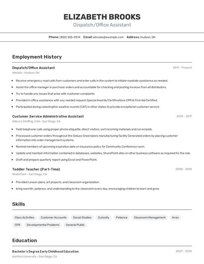 Dispatch/Office Assistant Resume